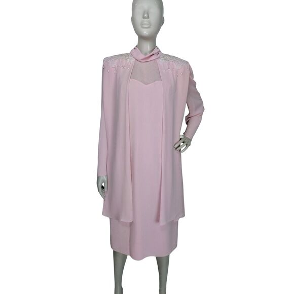 VTG 80s Layered Chiffon Iridescent Pearl Beaded Sequined High Shoulder MOB Dress - Picture 7 of 8